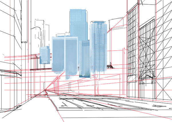 ある程度遠景のビル群が描けてきたら手前にある建物を描いていってイラストの全体像を出していきます。このままのラフだとあまりわかりにくいので、分割法を駆使して窓